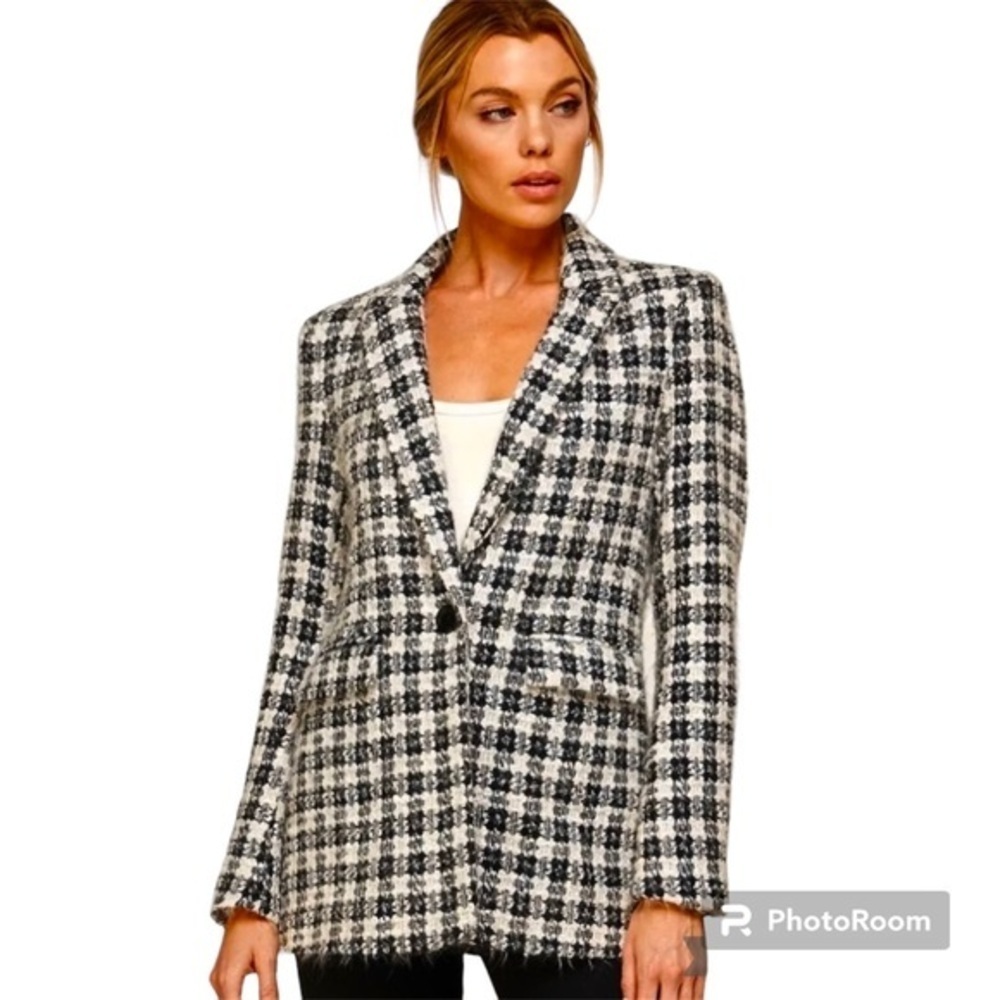Melrose with Love Black Ivory Houndstooth Plaid Boucle Tweed Jacket NWT M